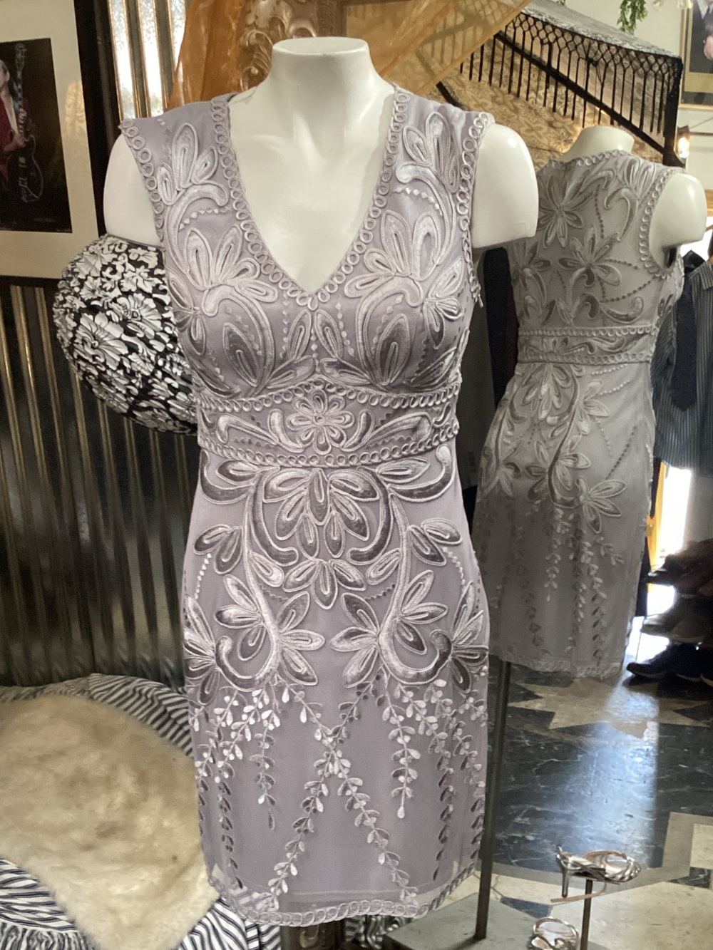 Sue Wong silver Embroidered V-Neck Midi Dress tulle base satin lined